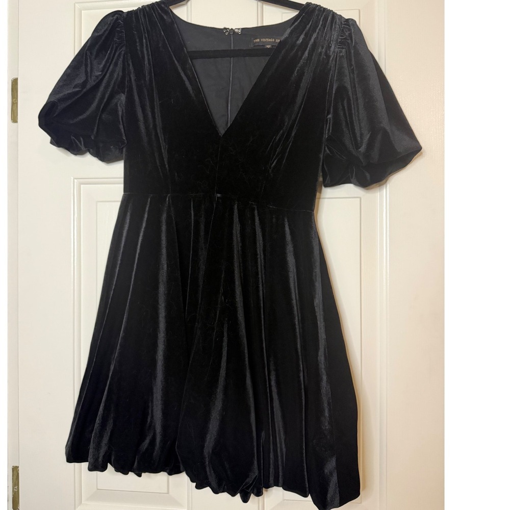The Vintage Shop Black Velvet Puff Sleeve Bubble Hem Mini Dress V-Neck Small